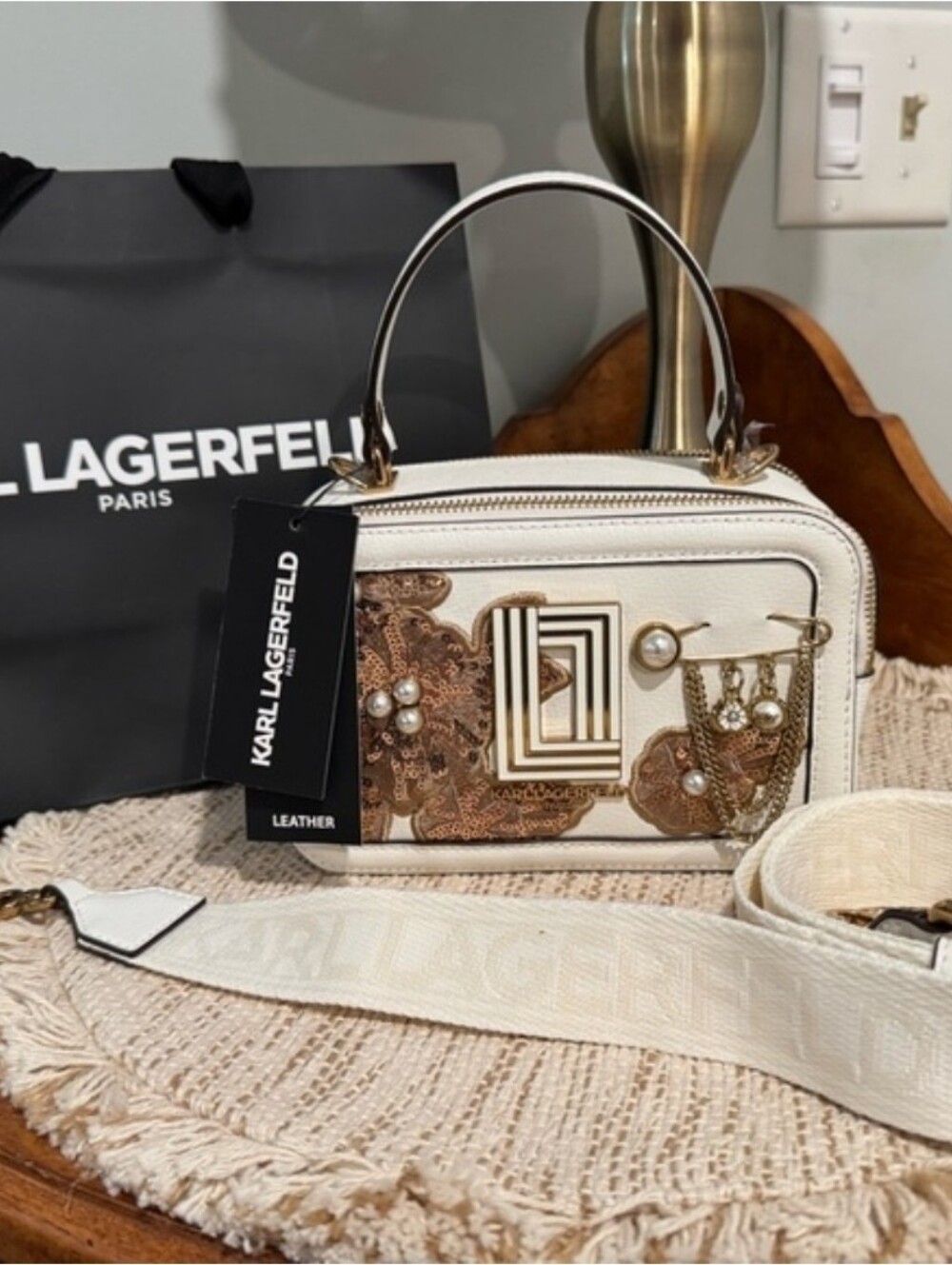 Karl Lagerfeld Cream Embellished Leather Top-Handle Bag